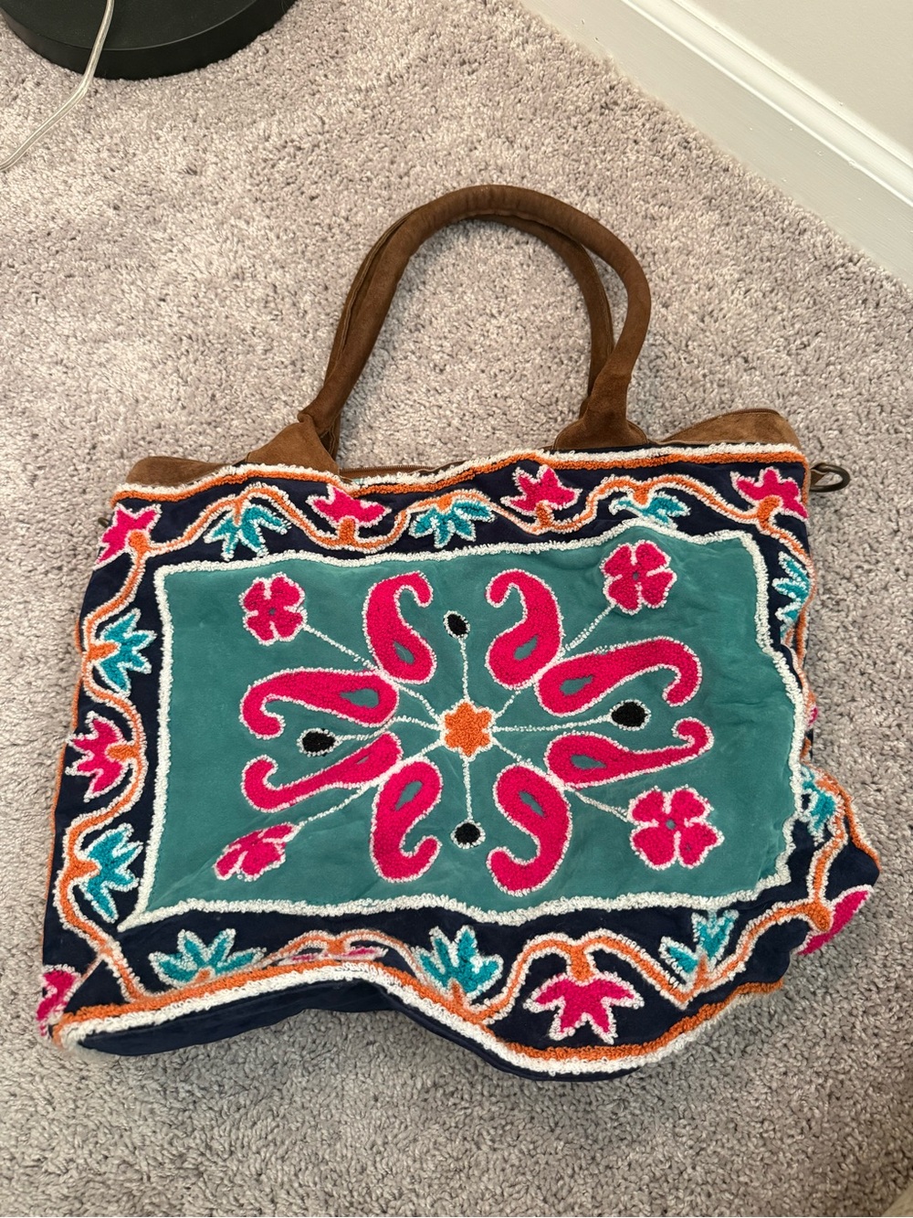 Boho Embroidered Tote Bag - Teal & Pink